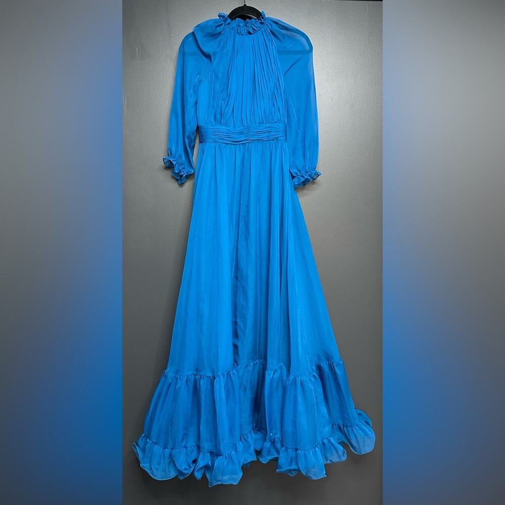 NWT Mac Duggal 68225 Chiffon Ruched Illusion Raglan Sleeve Ruffled Gown Ocean 4 - Picture 4 of 7